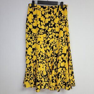 Vtg Balla Valentina Womens Silk Midi Skirt Size 12 Black Yellow Floral Embossed